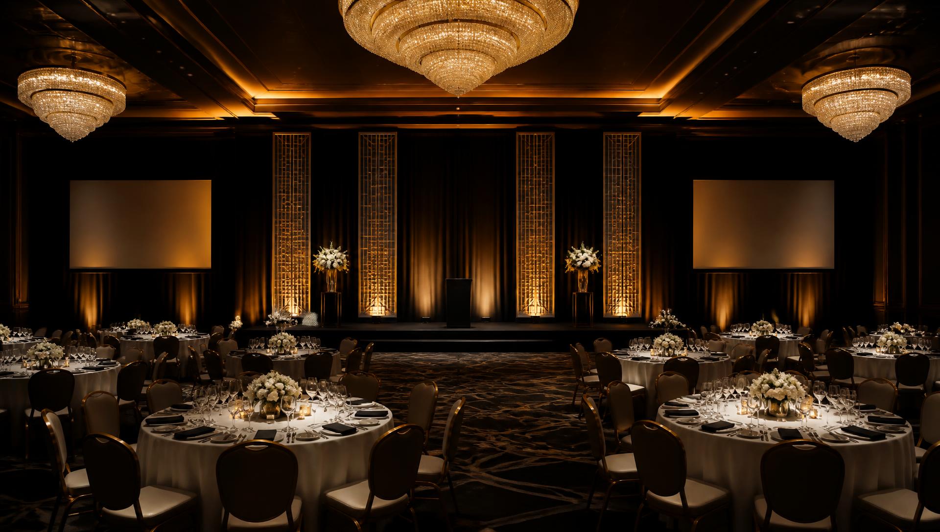 Elegant ballroom set for a formal event with round banquet tables and warm golden stage lighting